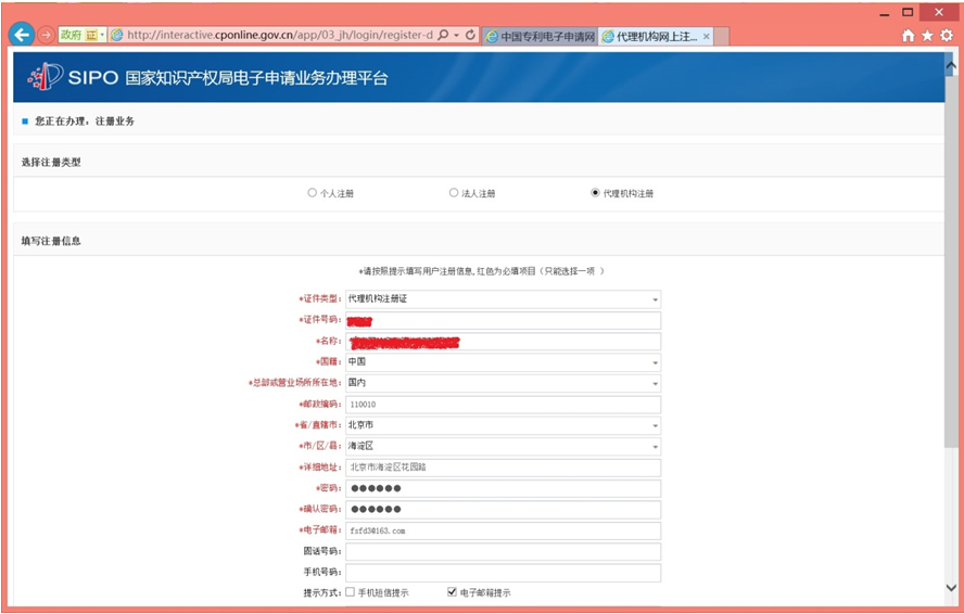 电子申请注册表格